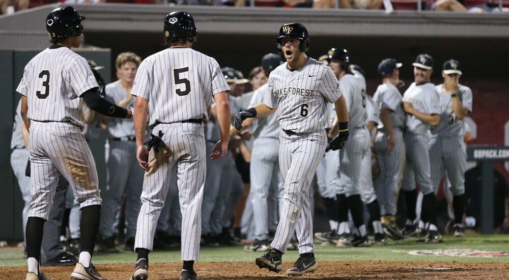Wake Forest players celebrate in the College World Series