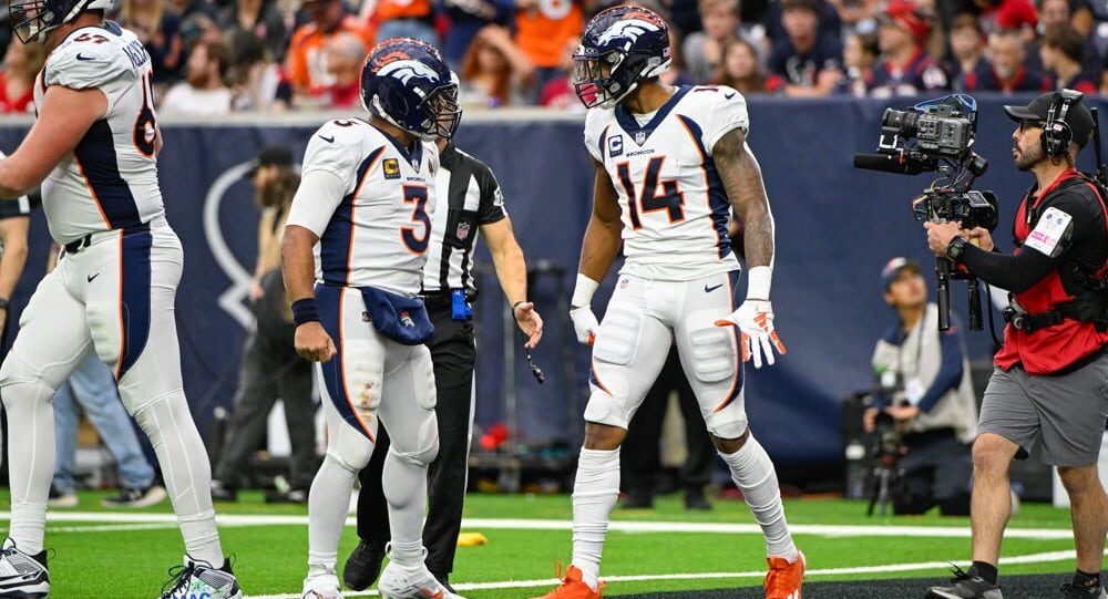 Courtland Sutton celebrates after hitting anytime touchdown scorer